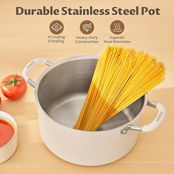 BEZIA 8QT Fully Clad 3-Ply Stainless Steel Stock Pot with Lid, Cooking Pot