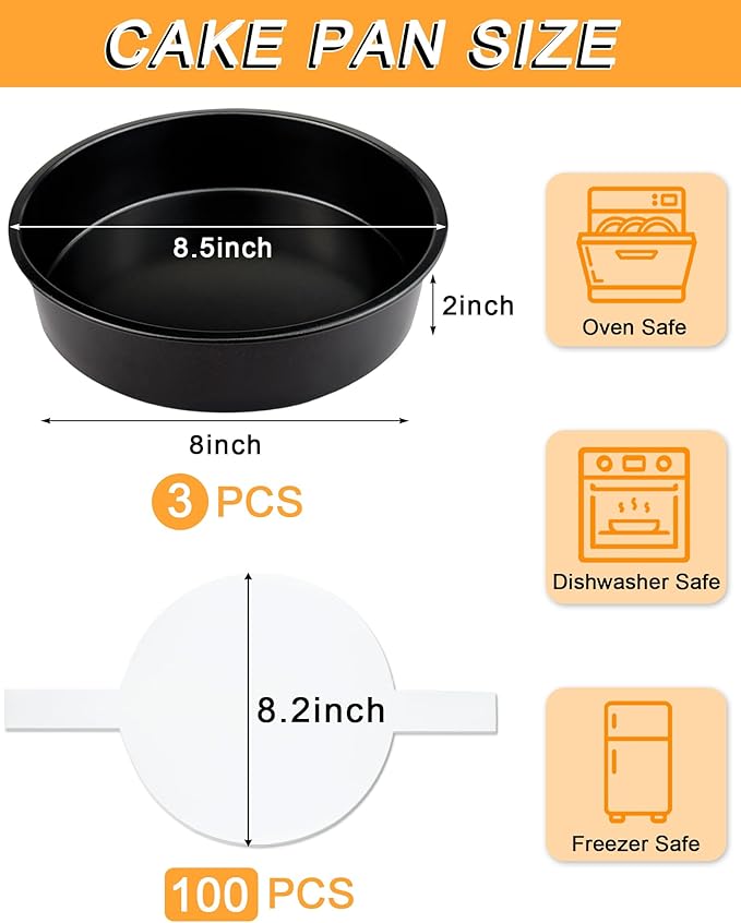 8" Round Cake Pan Set (3-Pack) with100 Parchment Papers,Non-Stick Layer Pan