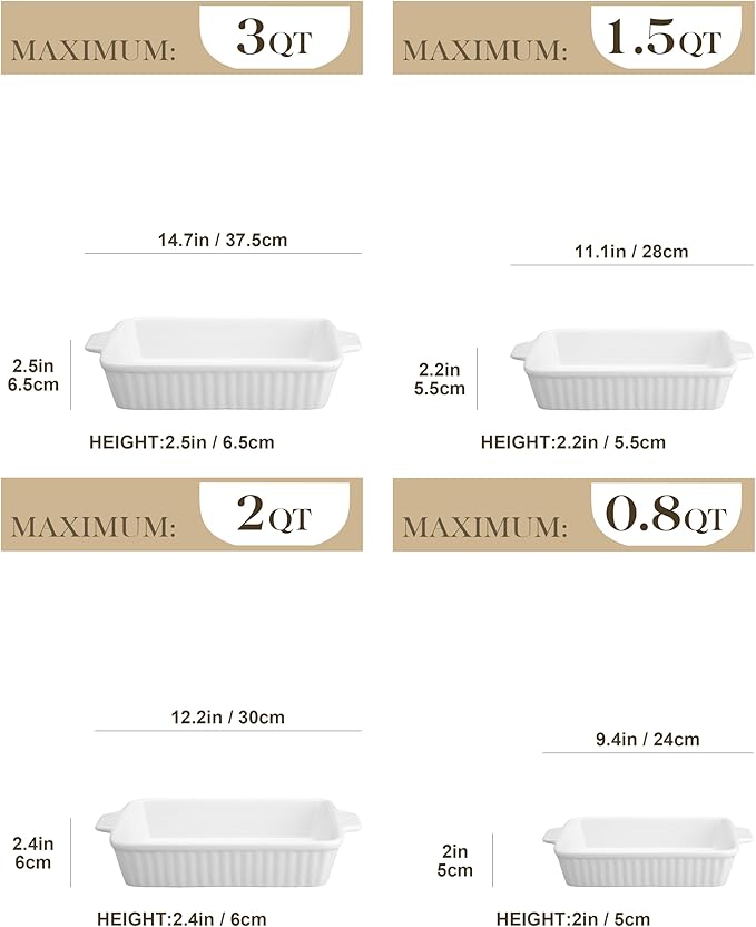 MALACASA Casserole Dishes for Oven, Ceramic Baking Dishes Set of 4, White