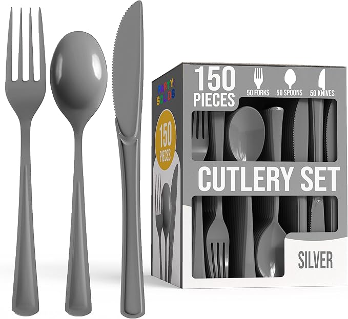Party Solids Silver Plastic Silverware Heavy Duty 150 Pieces Silver Disposable Silverware Heavy Duty, Utensil Sets, 50 Of Each Forks, Knives & Spoons Disposable Cutlery Set For Party Supplies