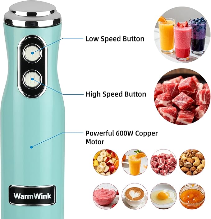 WarmWink Hand Blender, Powerful 4 in 1 600w Corded Immersion Blender Handheld with Stainless Steel Attachment, Small Food Processor & Stick for Kitchen, Emergen useful immersion blender