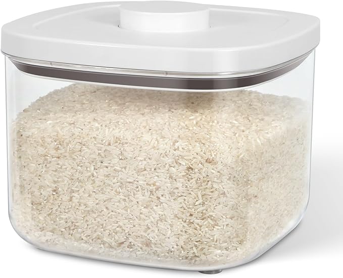 TBMax Large Airtight Food Container 5.28 Qt with Pop Up Lid & Measuring Cup, Ideal for 10 Lbs of Rice or 7 Lbs of Flour, Square Short Food Storage Bin for Kitchen Pantry and Drawer Organization
