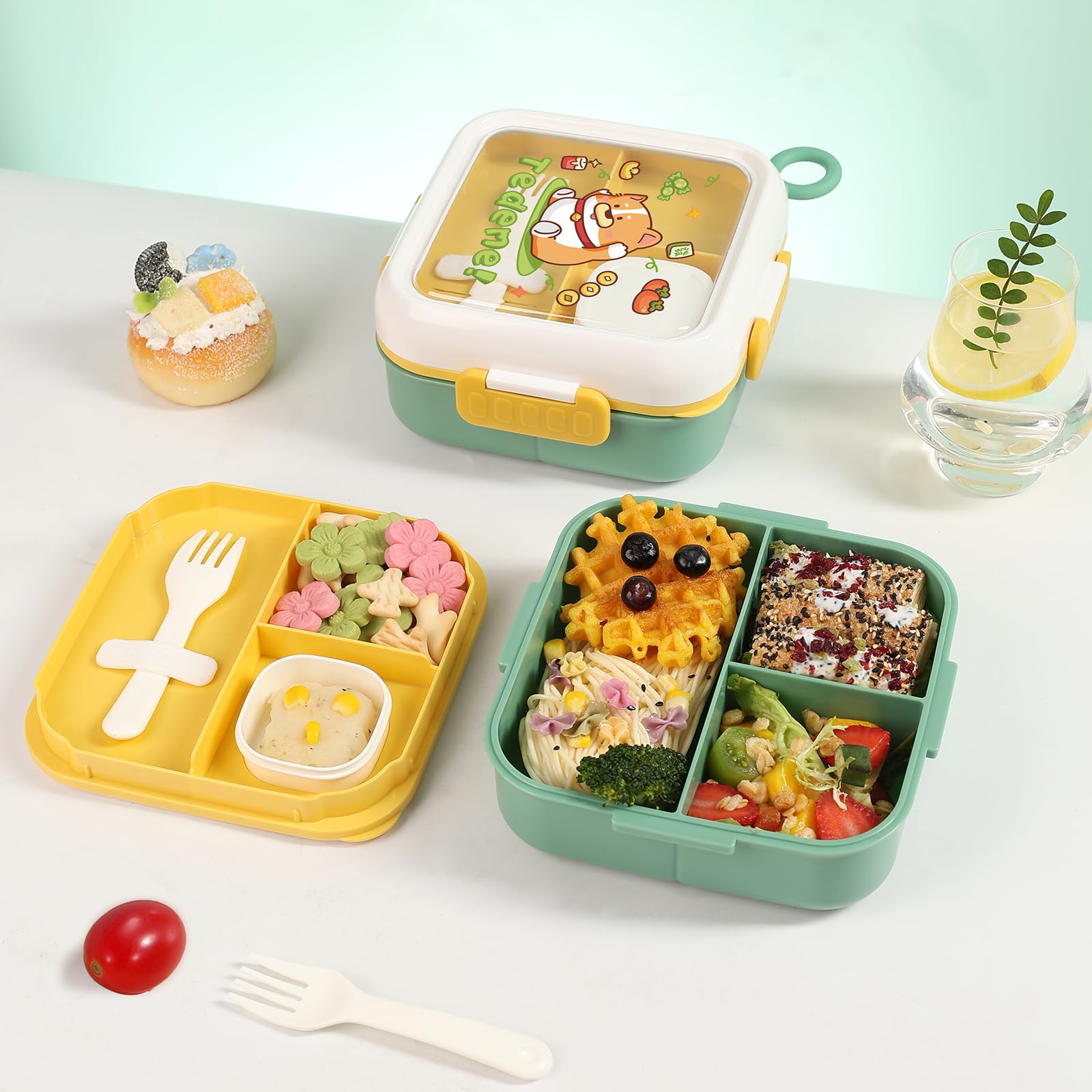 SAYAPE Bento Box for Kids & Adults – Cute Cartoon 2-Layer Lunch Box with Fork, Sauce Cup & Brush, BPA-Free, 3-Compartment Square Snack Container with Handle for School, Office, or Travel (Green)