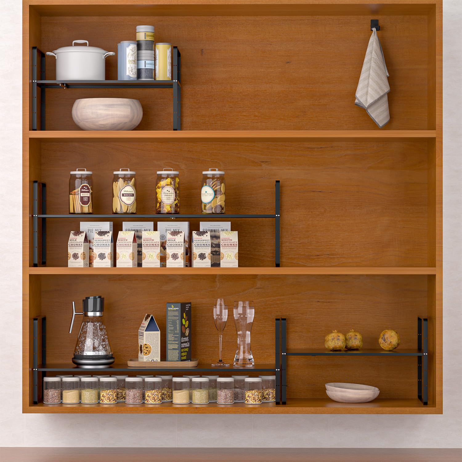 GEDLIRE Expandable Kitchen Cabinet Shelf Organizers 2 Pack, Stackable Metal Pantry Storage Shelves Rack, Adjustable Counter Shelf for Cabinets, Countertop, Cupboard Organizers and Storage, Black