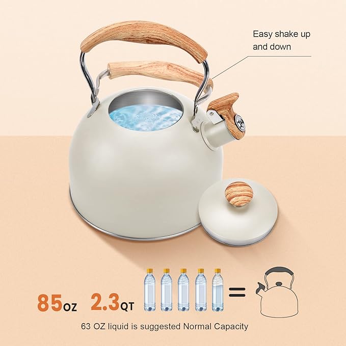 Foedo 3.2Qt Stainless Steel Whistling Tea Kettle Stovetop, Beige