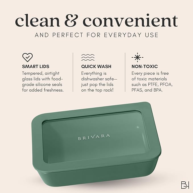 BRIVARA HOME Glass Food Storage Container with Lid, 11-Cup Large Rectangle | Microwave-Safe Airtight Lid, Oven-Safe Ceramic-Coated Glass | Zero Plastic, No PFAS/PFOA/BPA, Reusable [Pine]