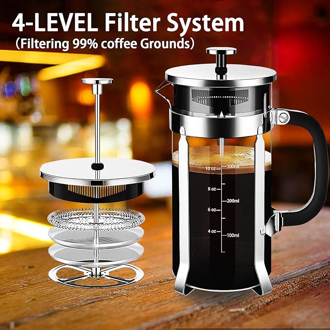 YMMIND French Press Coffee Maker 304 Stainless Steel Coffee Press,with 4 Filters System, Heat Resistant Thickness Borosilicate French Press Glass, BPA-Free Brewed Tea Pot Coffee Plunger(Copper 12oz)