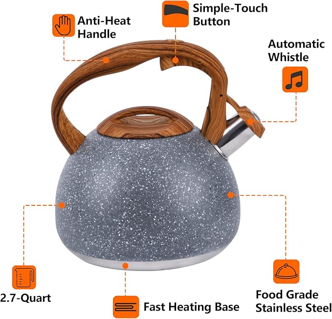 Foedo 3.2Qt Stainless Steel Whistling Tea Kettle Stovetop, Sky Grey