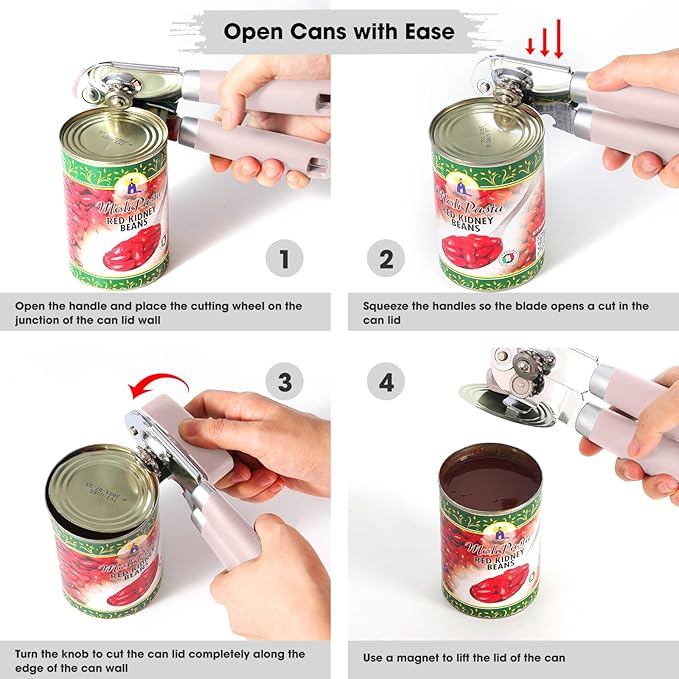 Beneno Heavy Duty Hand Can Opener Manual with Magnet, Light Pink