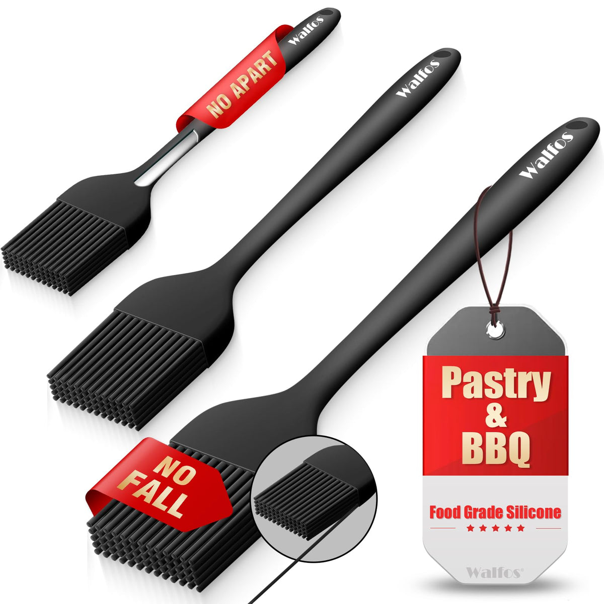 Walfos 600°F Heat Resistant Silicone Basting Brushes BPA Free Pastry Brush, Spread Oil Butter Sauce for BBQ Grill Baking Kitchen Cooking, Dishwasher Safe (2 SIZE)