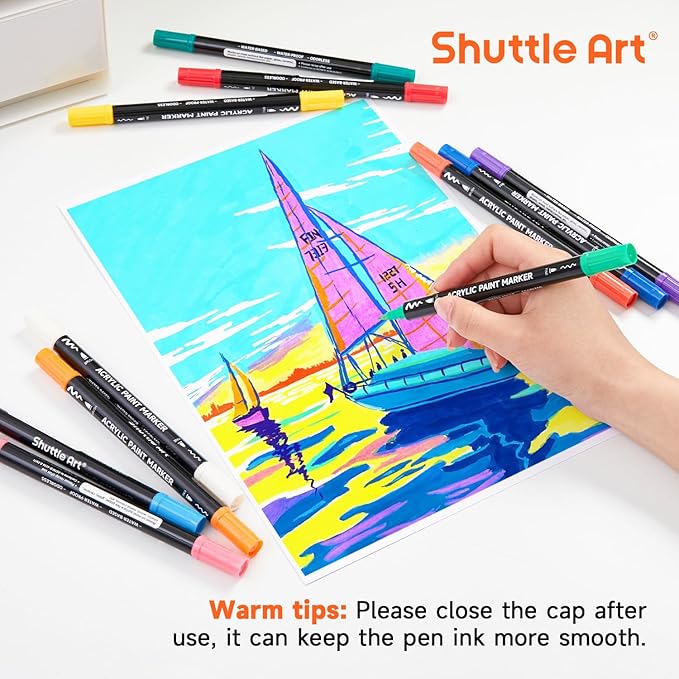 Shuttle Art 28 Colors Dual Tip Acrylic Paint Markers, Brush Tip and Fine Tip Acrylic Paint Pens for Rock, Ceramic, Wood, Canvas, Plastic, Glass, Stone, Calligraphy, Card Making, DIY Football Crafts