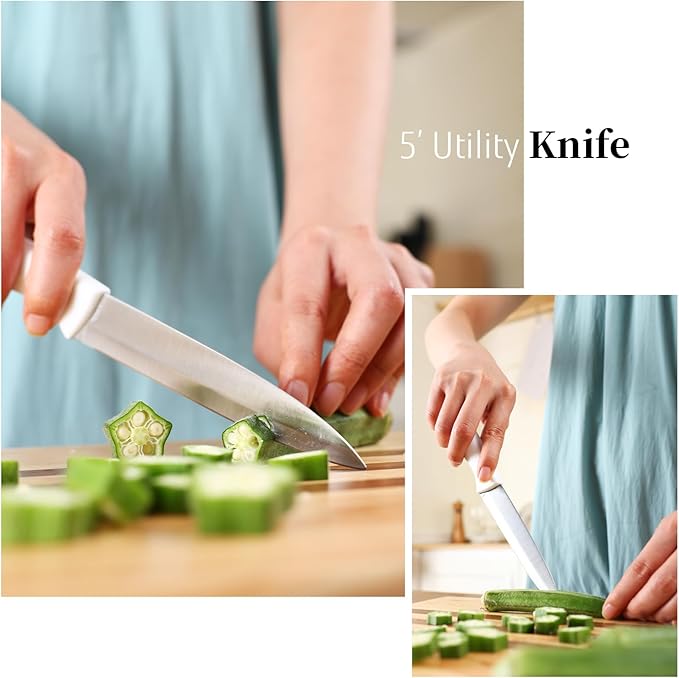 Diamosteel White Knife Set with Wooden Block, 7-Piece Knife Block Set