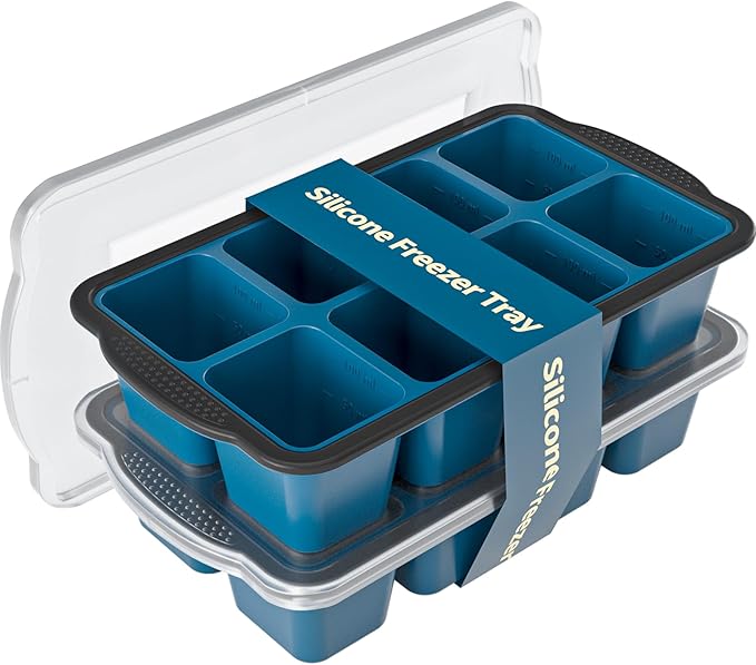 GORCI Ice Cube Tray For Freezer, 16 Large 1/2 Cub Cubes, Silicone Ice Trays For Freezer With Lid, Heavy-duty, Sturdy and Easy to Demold, Suitable for whisky, coffee, Herbs, Purees, 2-Pack