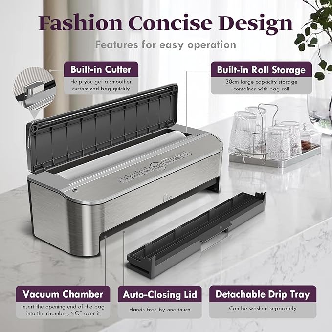 Mesliese Vacuum Sealer, 85kPa 120W, Dry & Moist Mode, 2 Rolls + 5 Bags