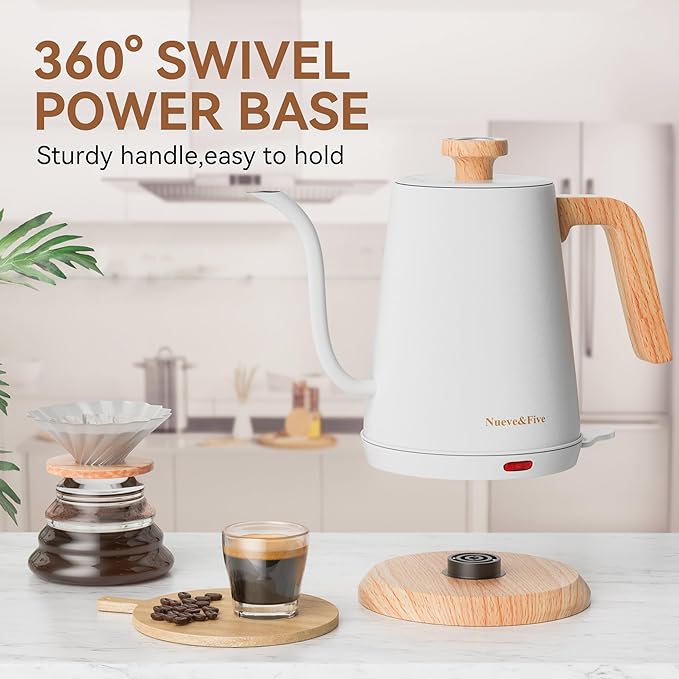 Nueve&Five Electric Gooseneck Kettle with Thermometer, 1.0L Pour Over Hot Water Kettle for Coffee and Tea, 1000W, Auto Shutoff, Boil-Dry Protection, White