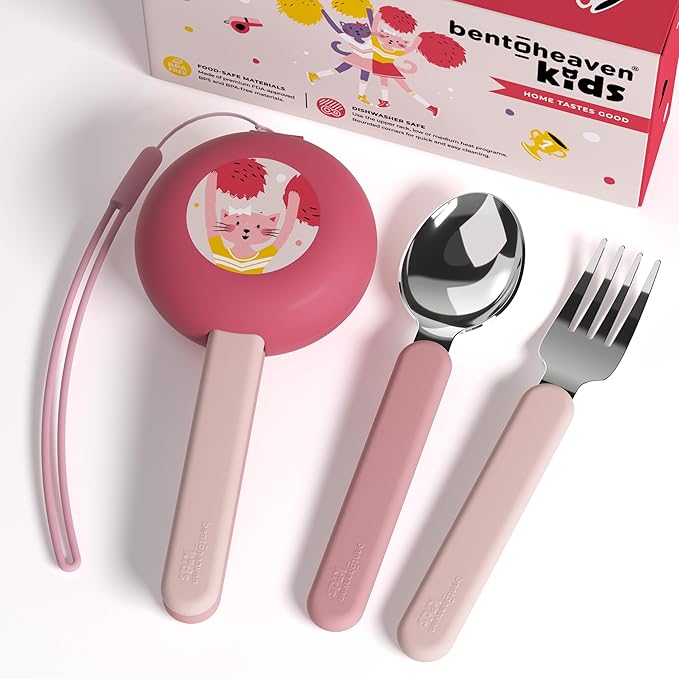 Bentoheaven Kids Utensils Set with Case, Reusable Fork & Spoon, Cats