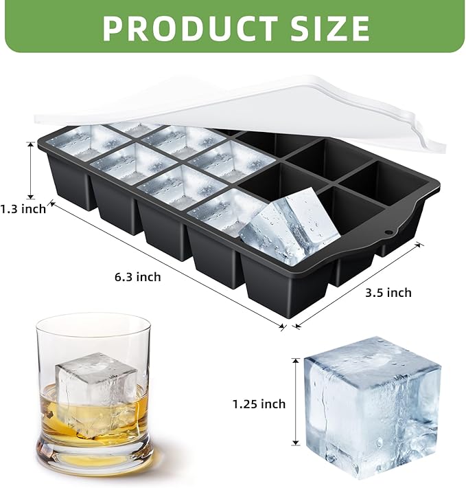 FANYITY Silicone Ice Cube Tray with Lid, Black, Pack of 2 Ice Cube Moulds, Silicone Mould, BPA-Free, Stackable Ice Cube Tray, Ice Cube Trays for Baby Porridge, Cocktail, Whiskey, Coffee