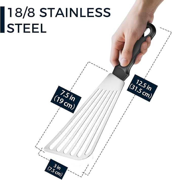MUJINON Fish Spatula 18/8 Stainless Steel, Thin Long Flexible 12.5-in Metal Spatula Fish Turner Brushed Kitchen Utensil for Outdoor Grilling Daily Barbeque, Dishwasher Safe