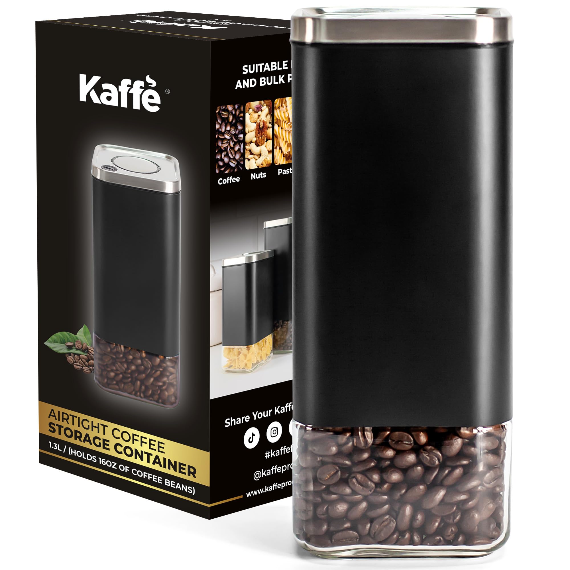 Kaffe Glass Coffee Canister (16oz) w/Airtight Lid - Click to Release Seal - BPA Free Glass & Stainless Steel - Elegant Kitchen Storage Container for Coffee, Nuts, Rice, Flour, Sugar, Tea, Cereal