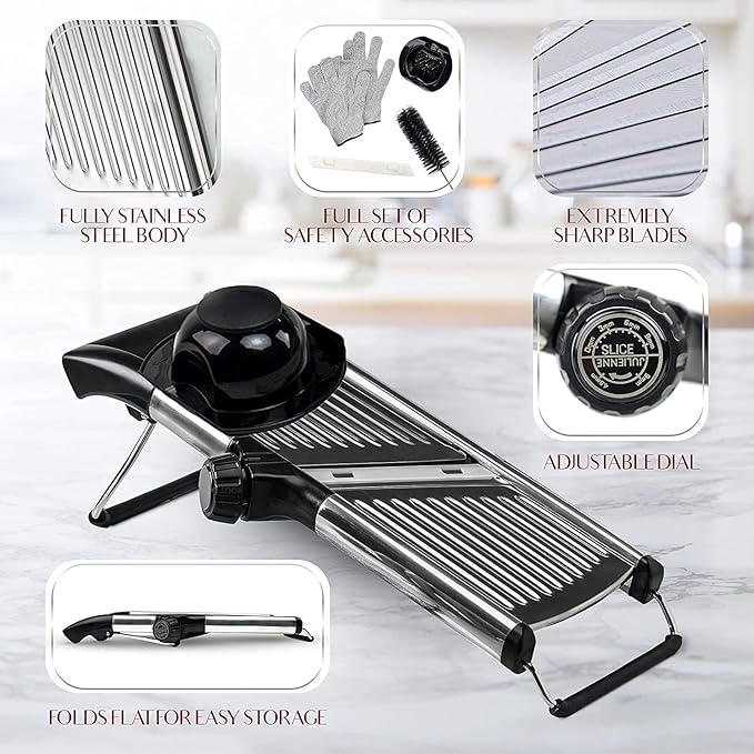 Gramercy Adjustable Mandoline Food Slicer, Mandoline Slicer for Kitchen, Mandolin, Potato, Tomato, Carrot, Vegetable, Fruit and Onion Cutter, Stainless Steel, INCLUDING Cut-Resistant Gloves, Black PRO