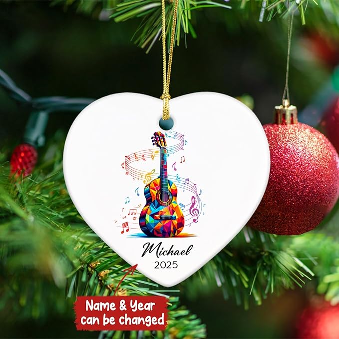 Personalized Guitar Instrument Ceramic Ornament Gifts for Guitarist, Guitar Player Christmas Ornaments Tree Hanging, Custom Name & Year Guitarist Ornaments Xmas 2026, Music Lovers Ceramic Ornament