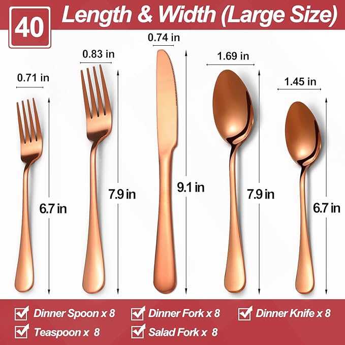 40 Pcs Rose Gold Silverware Set for 8, Food Grade Stainless Steel Flatware Set, Eating Utensils Sets Include Fork/Knife/Spoon, Reusable Cutlery Set for Home Kitchen, Dishwasher Safe, Round Edge