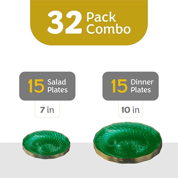 PLASTICPRO 30 Pack Plastic Plate Set of 15-10 inch Plates and 15-7 inch Plates, Elegant Clear Green Spiral and Gold Rim Disposable Fancy Plate Premium Heavyweight