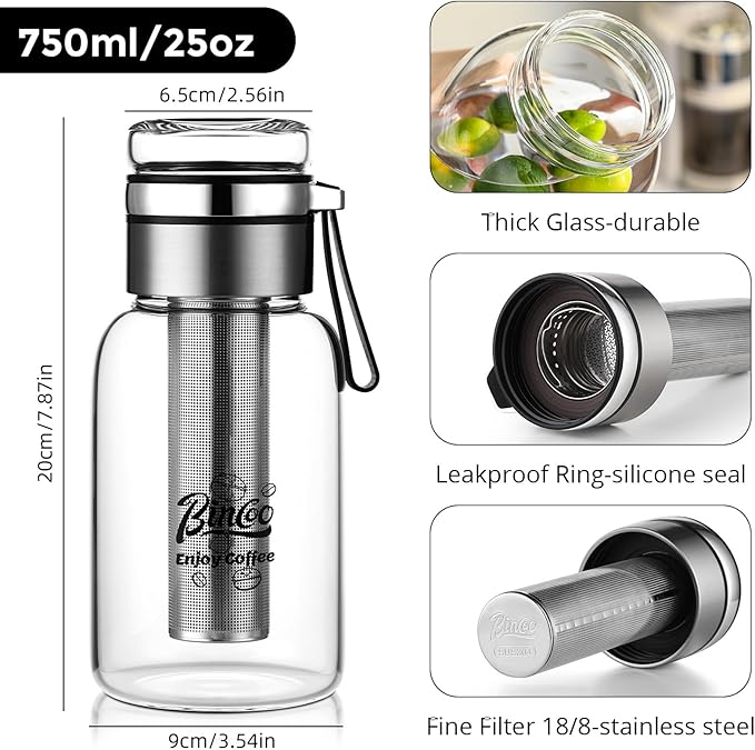 Bincoo Glass Cold Brew Coffee Maker with Extended Fine Mesh Filter, Tea Infuser Bottle Iced Coffee Maker with Thick Borosilicate Glass (750ml/24oz)
