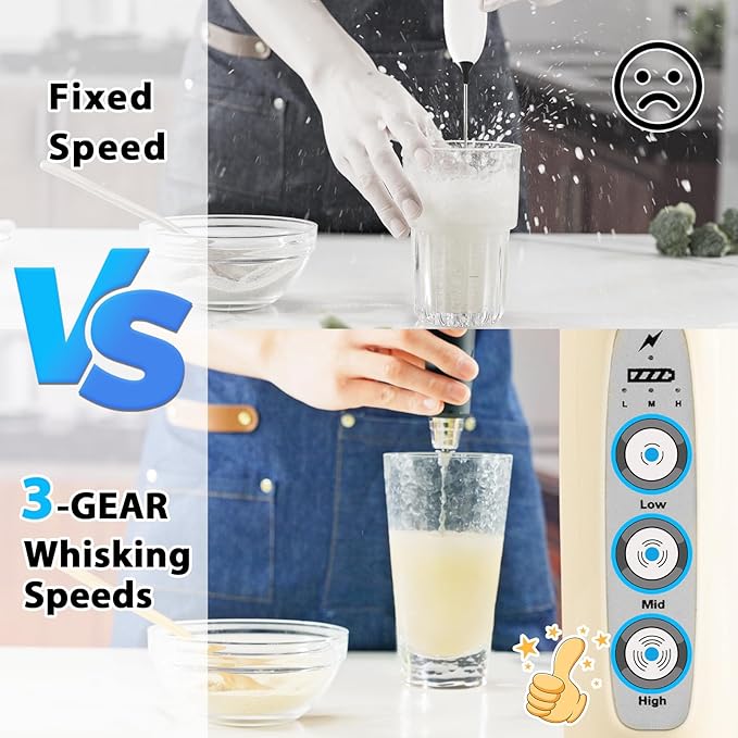 Milk Frother Wand Rechargeable Handheld Electric Whisk 3 Speed Adjustable