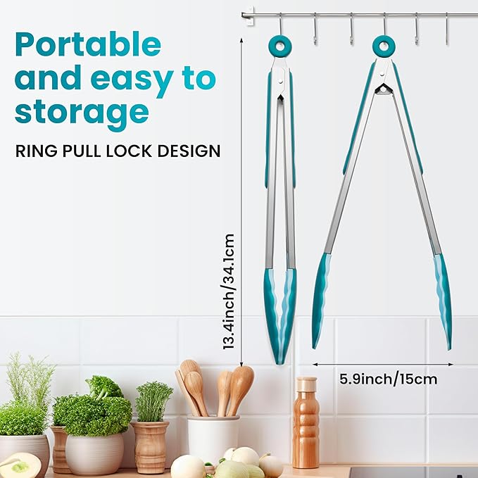 12-Inch Kitchen Tongs for Cooking with Silicone Tip,Turquoise