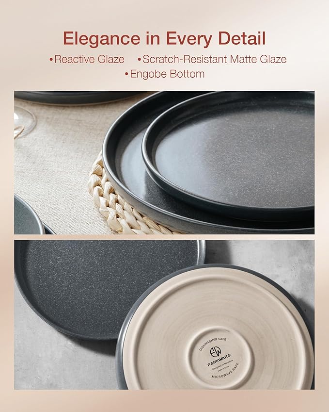 Famiware Milkyway 18-Piece Stoneware Dinnerware Set, Matte Dark Charcoal