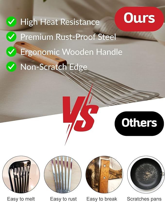 Fish Spatula with Natural Wood Handle - 420 Stainless Steel Slotted Fish Turner for Frying, Grilling & Flipping - Professional 11-Inch Burger Turner, Steak & Pancake Spatula