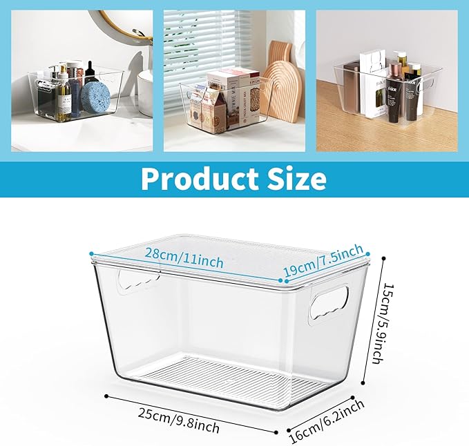 Clear Stackable Fridge Organizer with Lids, 4 Pack Large 11.5×7.5×6 Inch