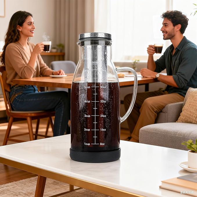 CHDEXU Airtight Cold Brew Coffee Maker Pitcher 51oz, Glass Iced Coffee Maker Pitcher with Removable Stainless Steel Filter and Non-Slip Base, 1.5L Iced Tea Maker