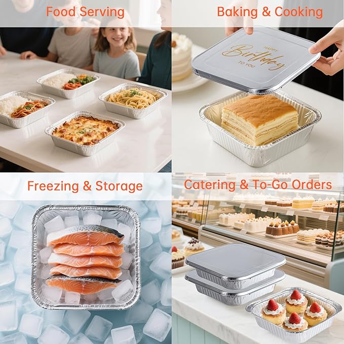 Aluminum Pans with Lids - 50 Pack 8x8 Disposable Baking Pans, Heavy Duty Tin Foil Pans with Lids for Cake Baking, Cooking, Heating, Storing, Prepping Food