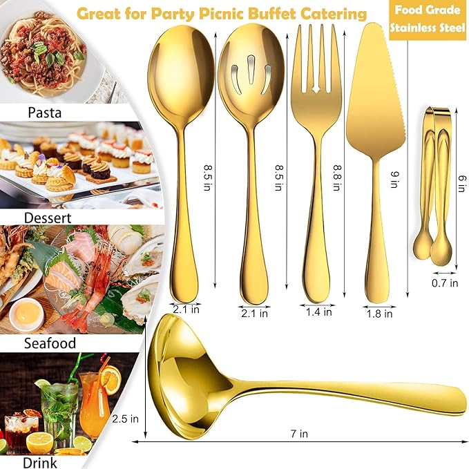 IAXSEE 6 PCS Stainless Steel Serving Utensils, Large Serving Spoons Slotted Spoons, Forks, Ice Suger Tongs, Cake Server, Soup Ladle, Metal Utensils Set Great for Buffet Catering Banquet Party, Gold