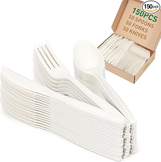 FEHHTO 100% Compostable Cutlery Set, Disposable Cornstarch Utensils Heavy Duty BPI Certified Eco-Friendly Party Supplies No Plastic-150pcs (50 Forks,50 Spoons,50 Knives)