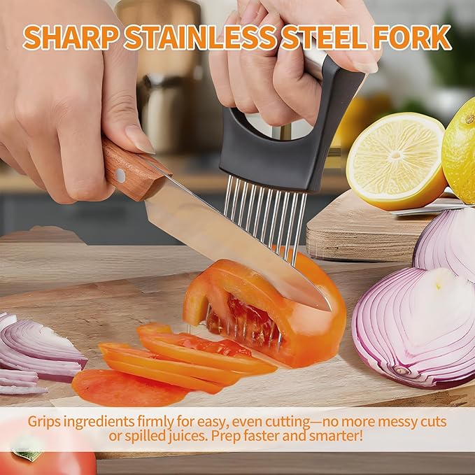 2PCS Onion Holder for Slicing, Upgraded Stainless Steel Onion Slicer Holder with Ergonomic Handle, Tomato Cutter, Vegetable Slicing Tool, Meat Tenderizer, Kitchen Food Cutting Gadget