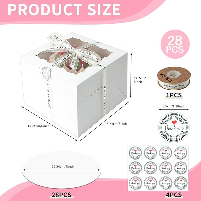 CHENZEM 28 Sets 6x6x5 Cake Box, White Cake Box with Window 6" White Cake boxes Round Boards, 6inch Cake Containers with Lids for Easter and Mother's Day Cheesecake, Cakes(6 * 6 * 5inch/28pcs)