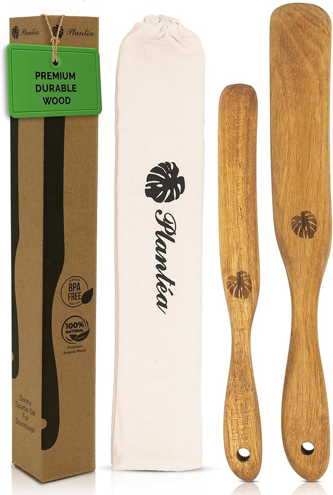 2 pcs Skinny Spurtle for Sourdough Starter, Reaching Bottom of Jar Wooden Spurtle for Mixing, Acacia Wood Dough Whisk, Sourdough Bread Baking Supplies