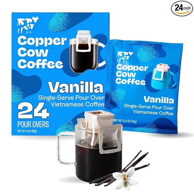 Copper Cow Coffee Premium Pour Over Single-Serve Vietnamese Coffee Pouches (24 pack) | Vanilla | Dark Roast | Flavored with Vanilla Beans | Convenient Vietnamese Ground Coffee Packets, Travel Friendly