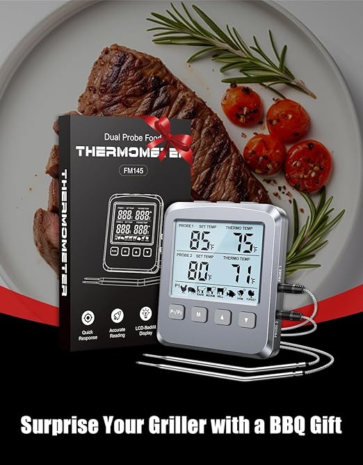 Vuwwey Dual Probe Meat Thermometer Digital for Cooking, Grilling & Smoking with Large LCD Backlight & Alarm, Kitchen Food Grill Thermometer, Smoker Accessories for BBQ Oven Oil Fry, Gifts for Men Dad