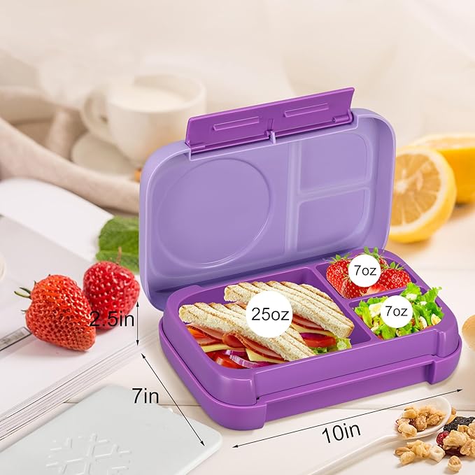 JXXM Bento Box for Kids,Kids Bento Lunch Box with Built-in Ice Pack for School,3 Compartments Leak Proof Lunch Container with Utensils for Girl Boy;BPA Free,Microwave & Dishwasher Safe, 44oz(Purple)