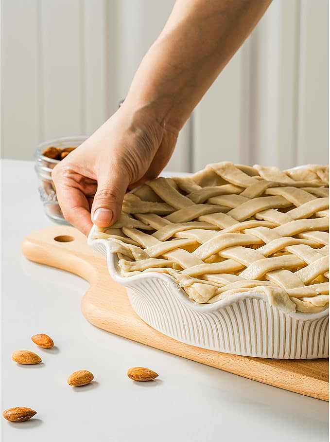 MIKIGEY Ceramic Deep Pie Pan for Baking, 11 inch Porcelain Pie Dish for Apple Pie, Oven & Dishwasher Safe, Farmhouse Decor, 48 Ounce Deep Plate for Kitchen, Non-Stick Pie Pans, Embossed Stripe