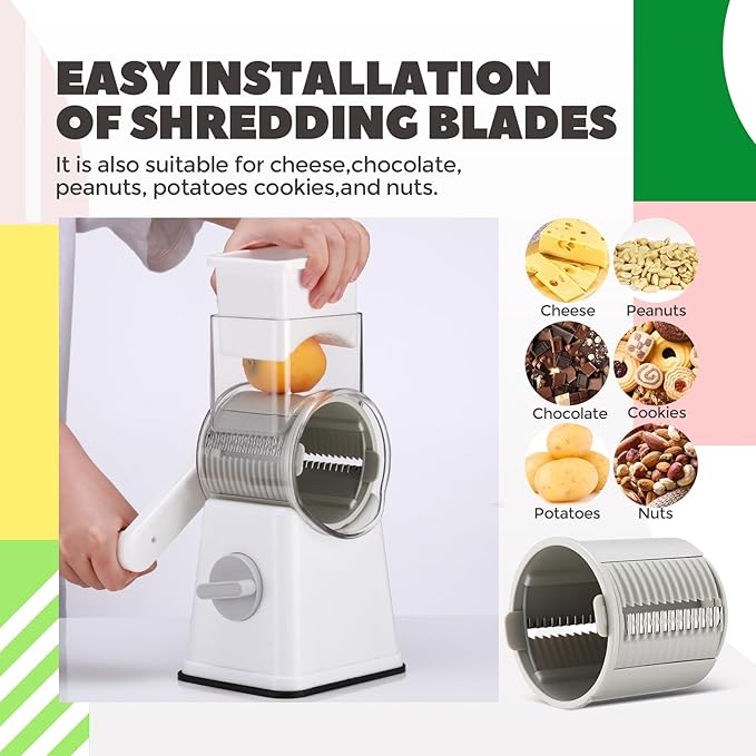 Leriton 6-in-1 Multifunctional Rotary Cheese Grater with 11 Blades Vegetable Shredder Food Shred Dice Slicer Chopper with Suction Base Rotating Handle Safety Push Cup for Kitchen Housewife Gift(White)