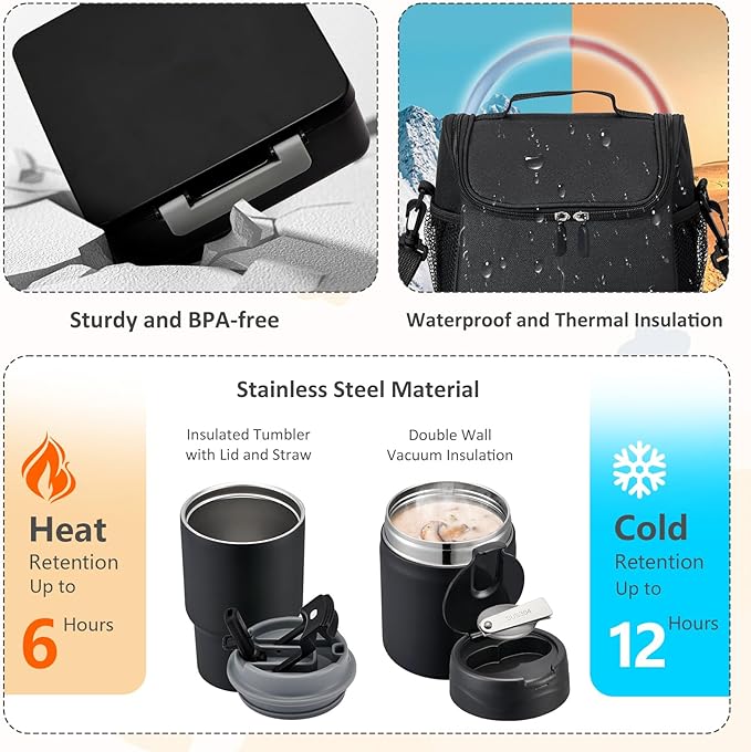 Pawtong Lunch Box Set with Bento Box Container, 17OZ Stainless Steel Food Soup Thermo, Kids Water Bottle & Portable Insulated Lunch Bag – Leakproof, Hot/Cold Retention for School, Travel (Black)