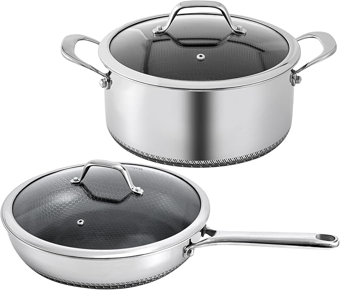 Bakoniion Hybrid Nonstick 2 QT Saucepan with Lid, Stainless Steel Honeycomb Pot with Two Pour Spouts,Compatible with All Cooktops,Dishwasher and Oven Safe