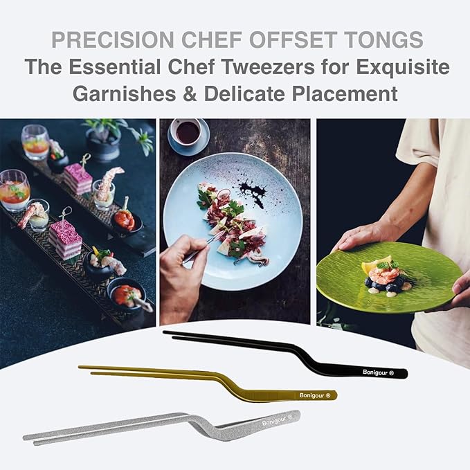 Bonigour 8 Inch Precision Offset Tweezers, Kitchen Culinary Stainless Steel Tongs, Curved Kitchen Cooking Multi-function Chef Precision Tweezer Tongs for Plating, Food Decorating and ect (Silver)