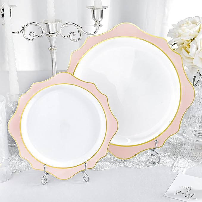 realluck 100Pcs White & Pink Plastic Plates for 50 Guests