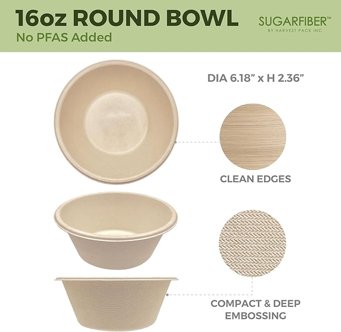 16oz Compostable Paper Bowls Disposable Round Natural Soup Bowls, 125 Count